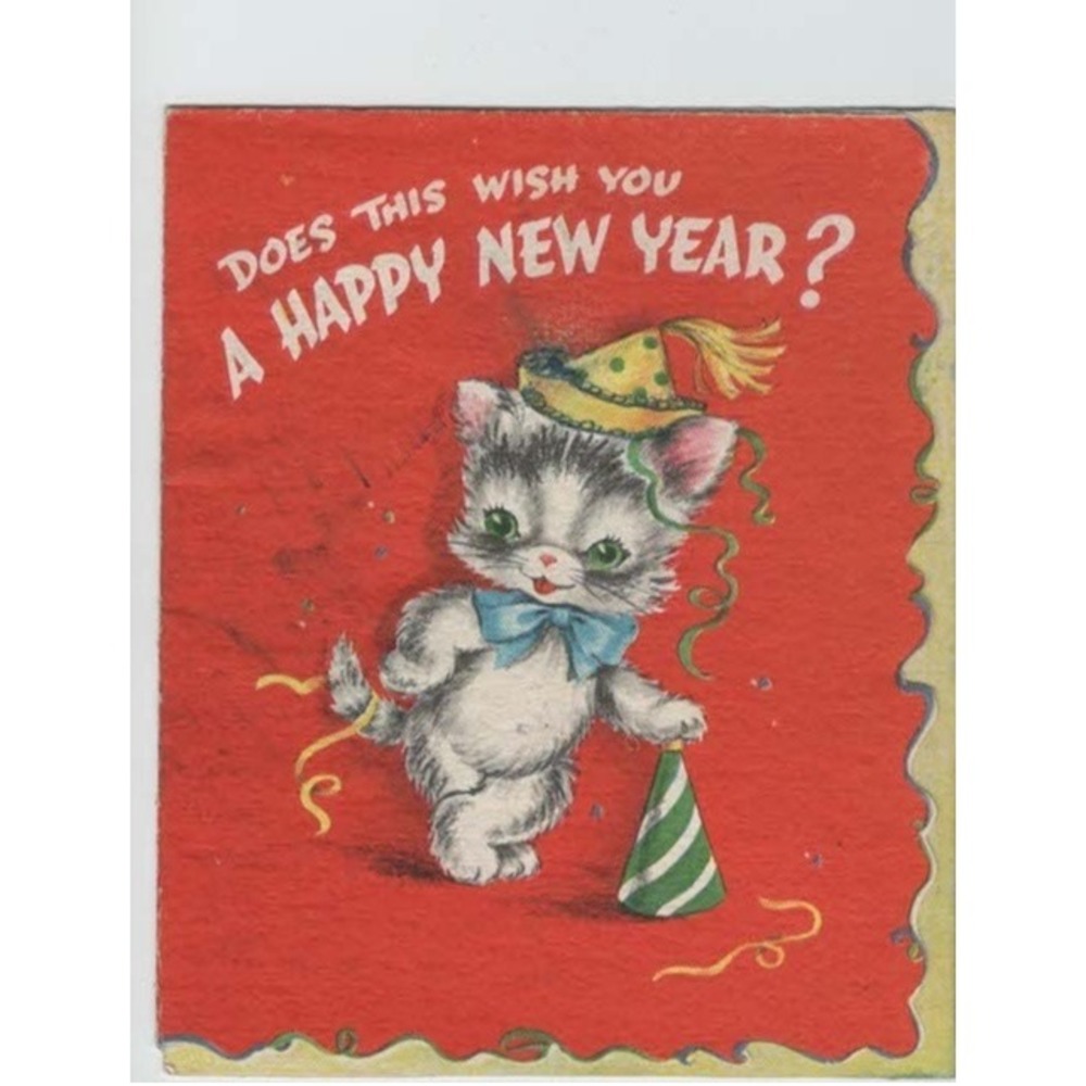 Vintage 1947 New Year Greeting Card Kitten Party Hat American Greetings